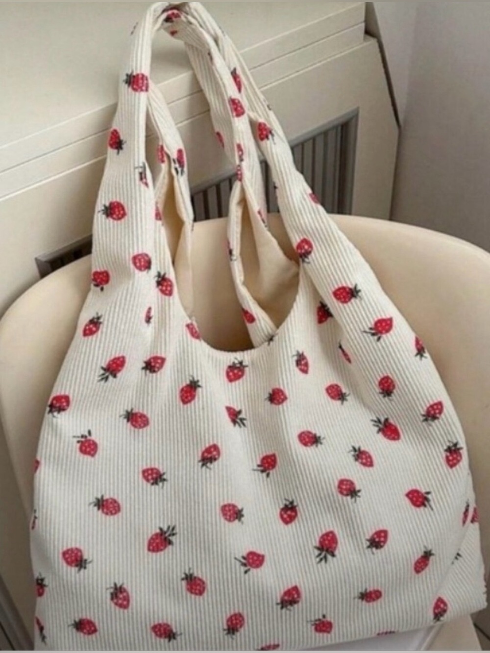 Cream Strawberry Print Tote Bag - Women Bags